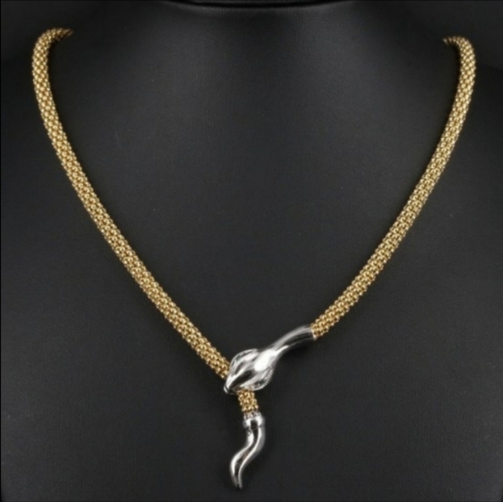 Italian Gold Emerald-Accent Snake Lariat Necklace